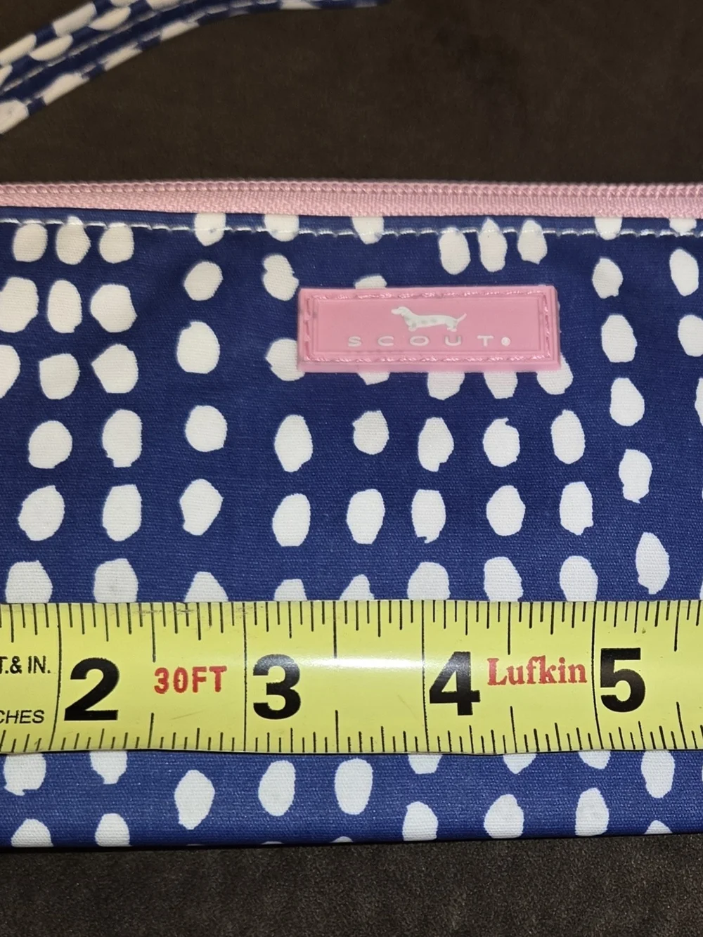 Scout Brand Blue & White Dot Bottoms Wristlet with Pink Trim